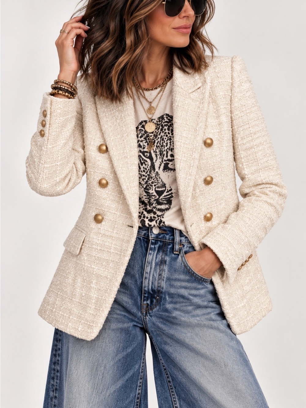 Express Cream Tweed Double-Breasted Blazer with Gold Buttons